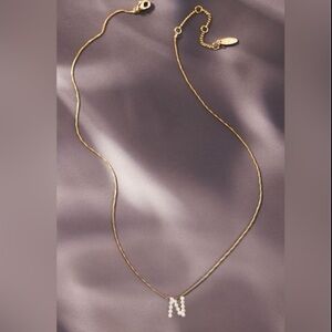 New Anthropologie Serefina “N” Monogram Pearl Pendant Gold necklace